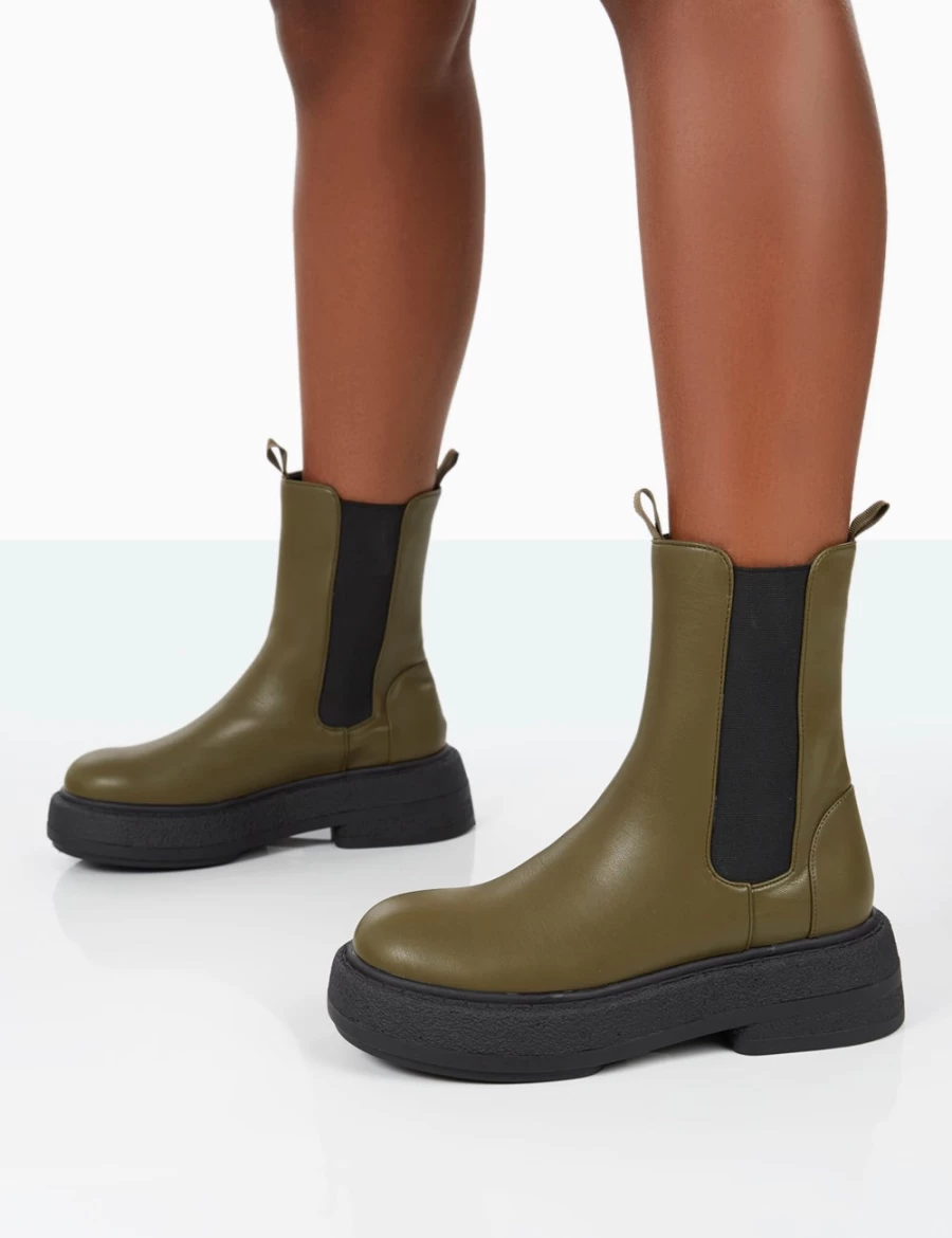 Public Desire Women's Khaki Barbie Dark PU Platform Chunky Sole Chelsea Boots