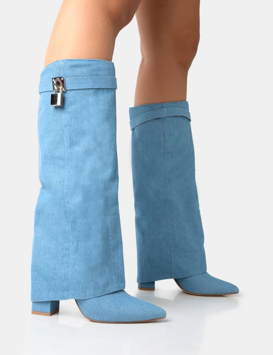 Public Desire Blue Denim Knee High Boots with Padlock Detail & Fold Over Pointed Toe for Women