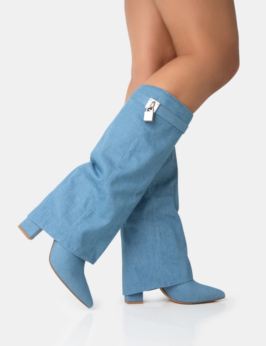Public Desire Blue Denim Knee High Boots with Padlock Detail & Fold Over Pointed Toe for Women