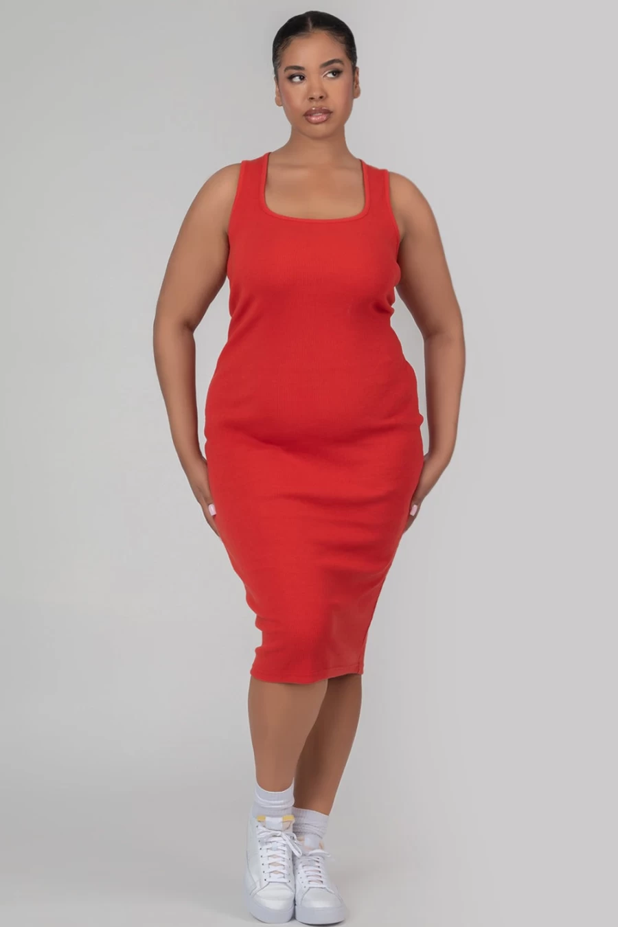 Public Desire Women's Red Curve Bodycon Scoop Neck Midi Dress