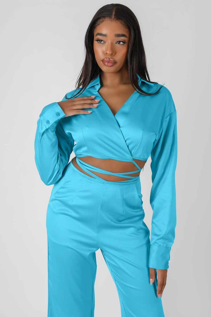 Public Desire Women's Blue Wrap Cropped Shirt - Stylish & Trendy Top