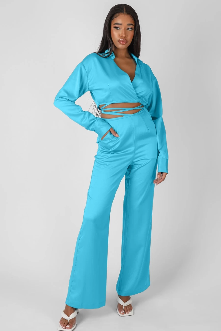 Public Desire Women's Blue Wrap Cropped Shirt - Stylish & Trendy Top