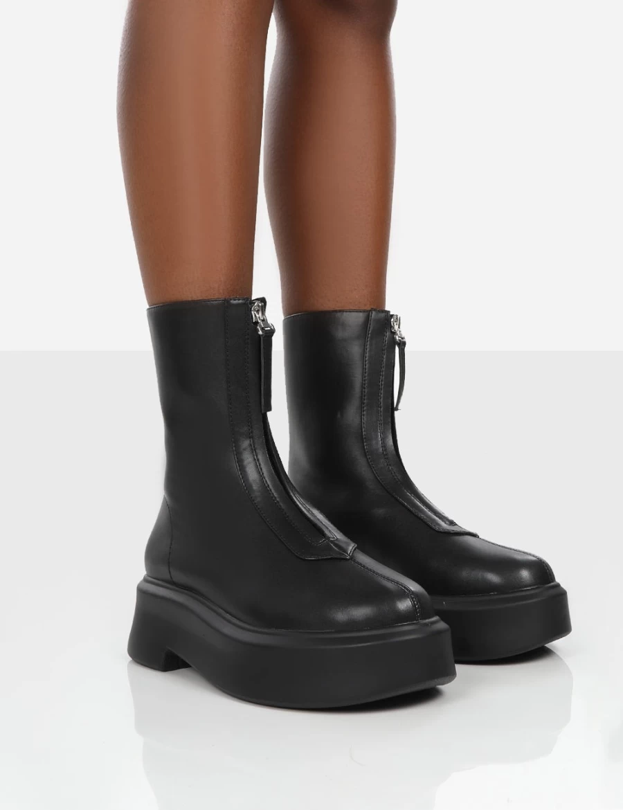 Public Desire Women's Black Indigo Platform Chunky Zip Ankle Boots