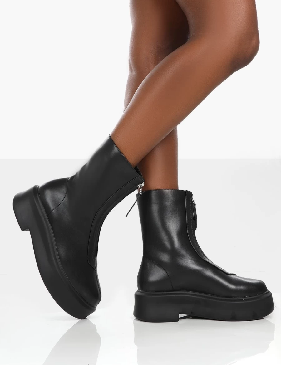Public Desire Women's Black Indigo Platform Chunky Zip Ankle Boots