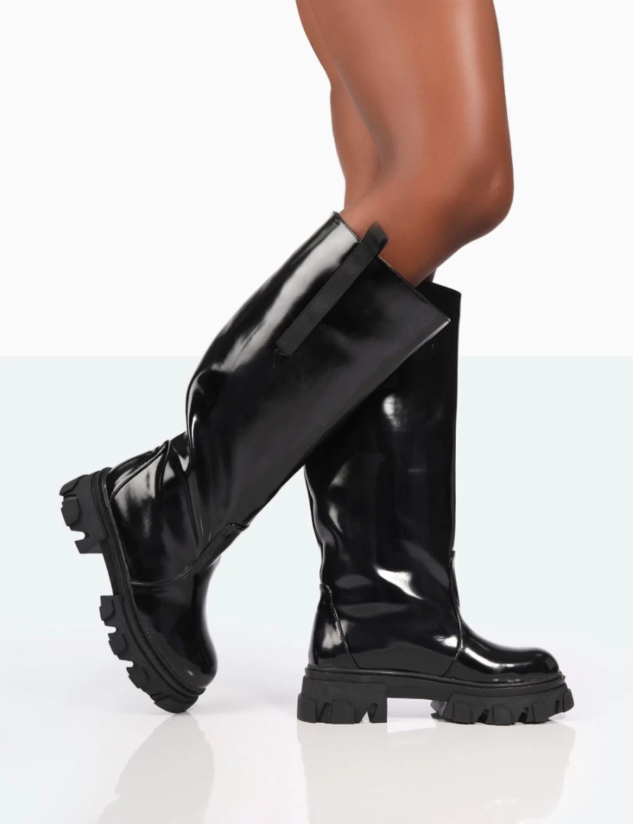 Public Desire Women's Black Genius Wide Fit Knee High Boots with Chunky Sole & Patent Finish