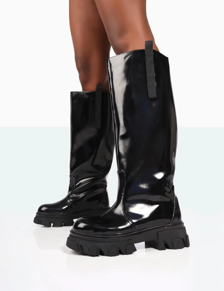 Public Desire Women's Black Genius Wide Fit Knee High Boots with Chunky Sole & Patent Finish