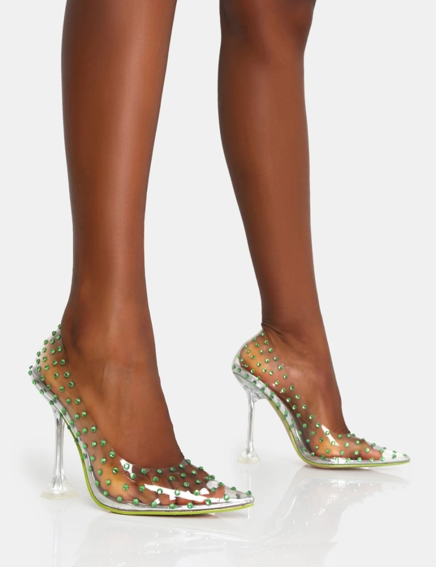 Public Desire Women's Lime Clear Perspex Pointed Toe Stiletto Heels with Diamante Detail
