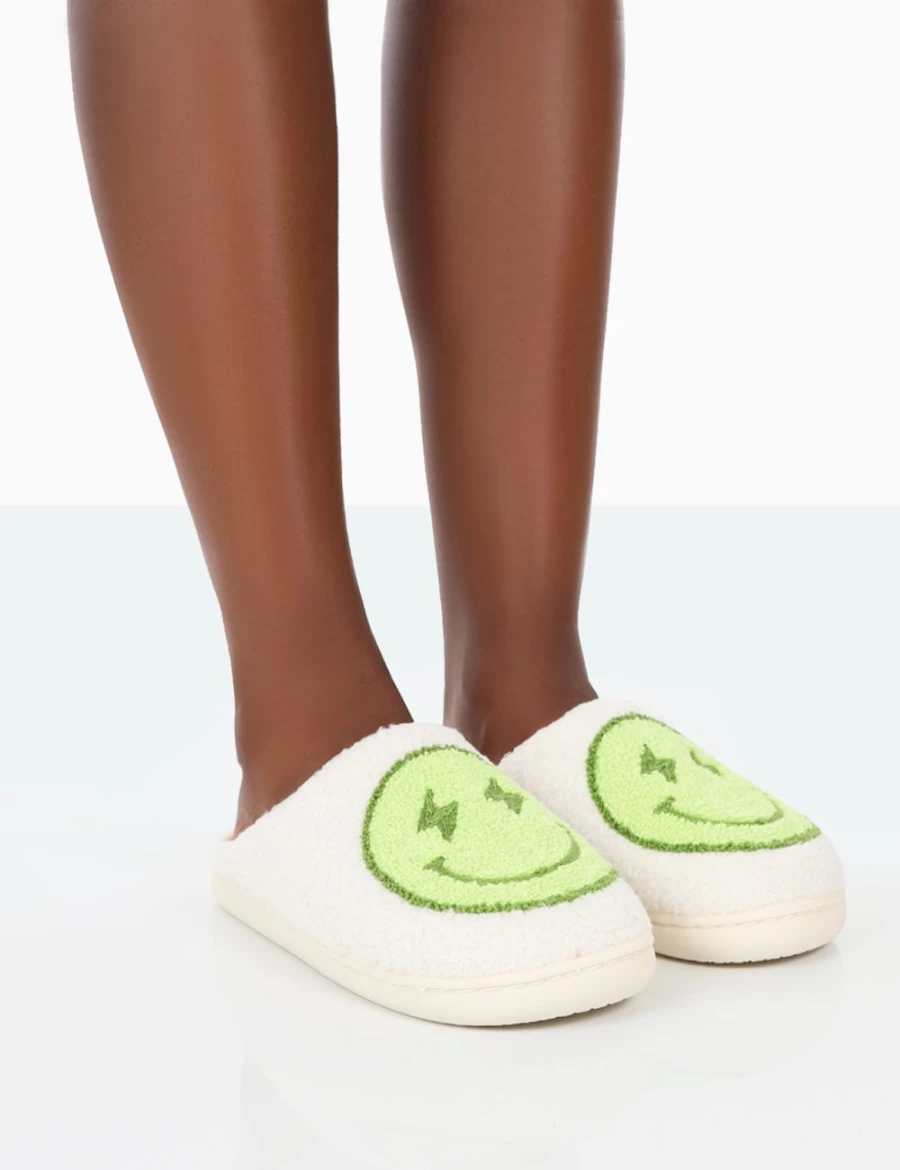 Public Desire Women's Lime Smiley Face Printed Slippers - Daze Collection