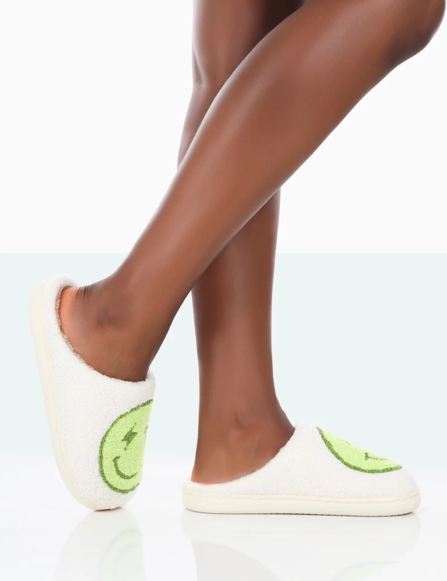 Public Desire Women's Lime Smiley Face Printed Slippers - Daze Collection