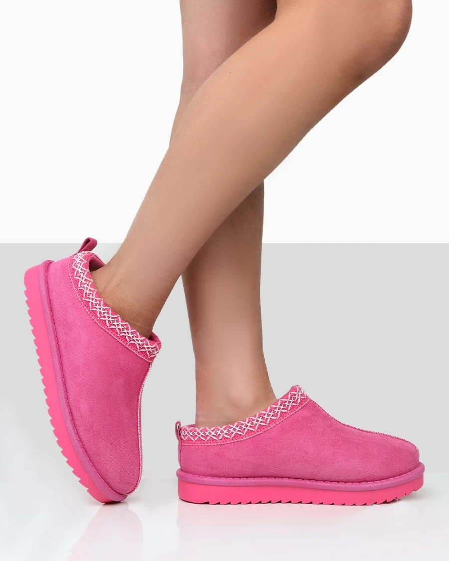 Public Desire Women's Pink Tamsin Faux Suede Embroidered Slipper Boots