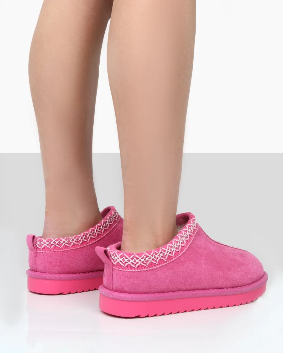 Public Desire Women's Pink Tamsin Faux Suede Embroidered Slipper Boots