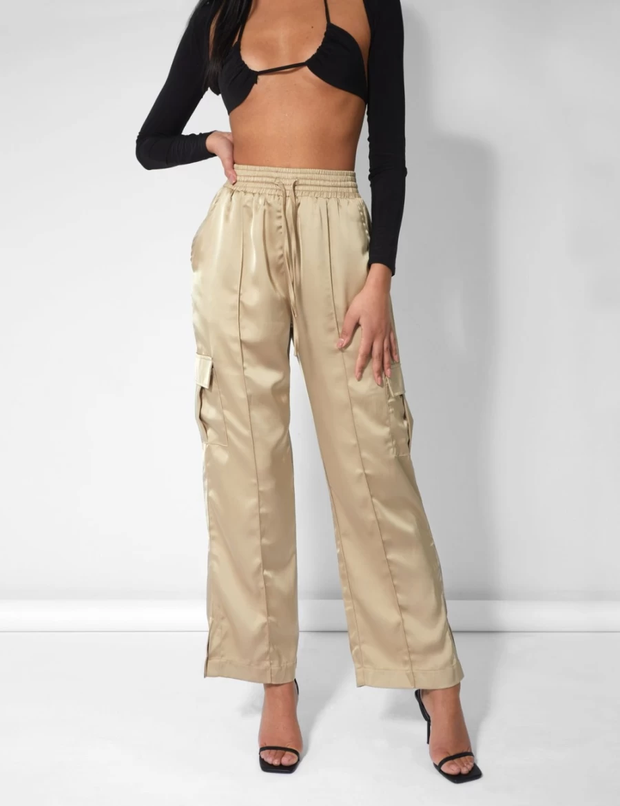 Public Desire Women's Champagne Satin Wide Leg Cargo Trousers with Split Hem & Elastic Waist