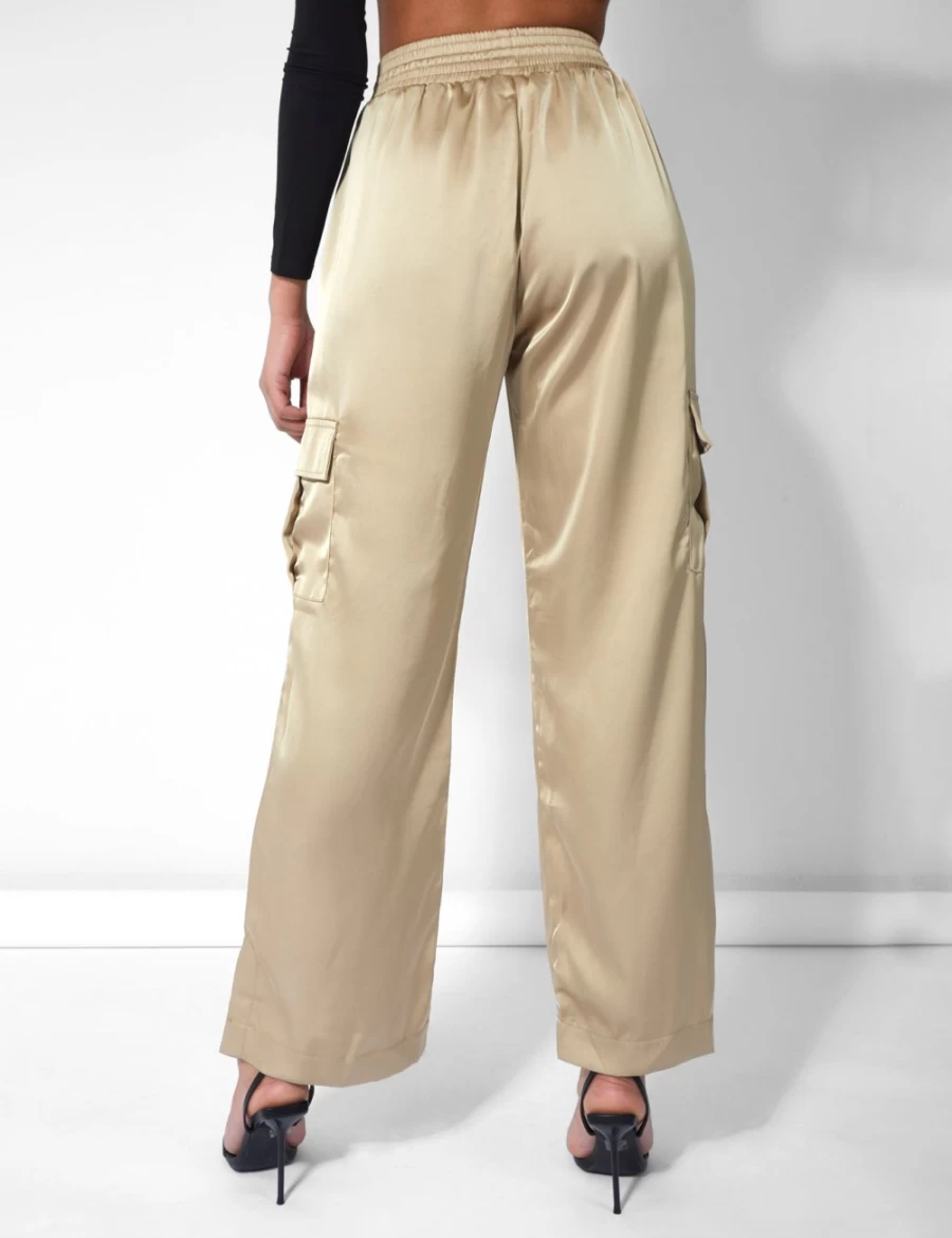 Public Desire Women's Champagne Satin Wide Leg Cargo Trousers with Split Hem & Elastic Waist