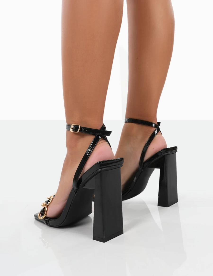 Public Desire Women's Black Rae Wide Fit Patent Leather Buckle Detail Block Heel Shoes