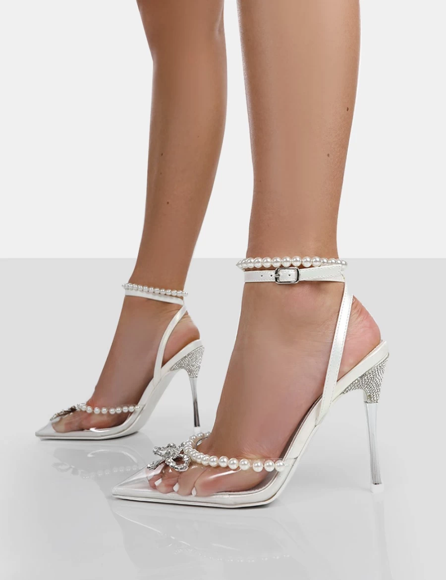 Public Desire Women's White Pearly Pearlescent Wrap Around Stiletto Heels - Pointed Toe Party Court Shoes