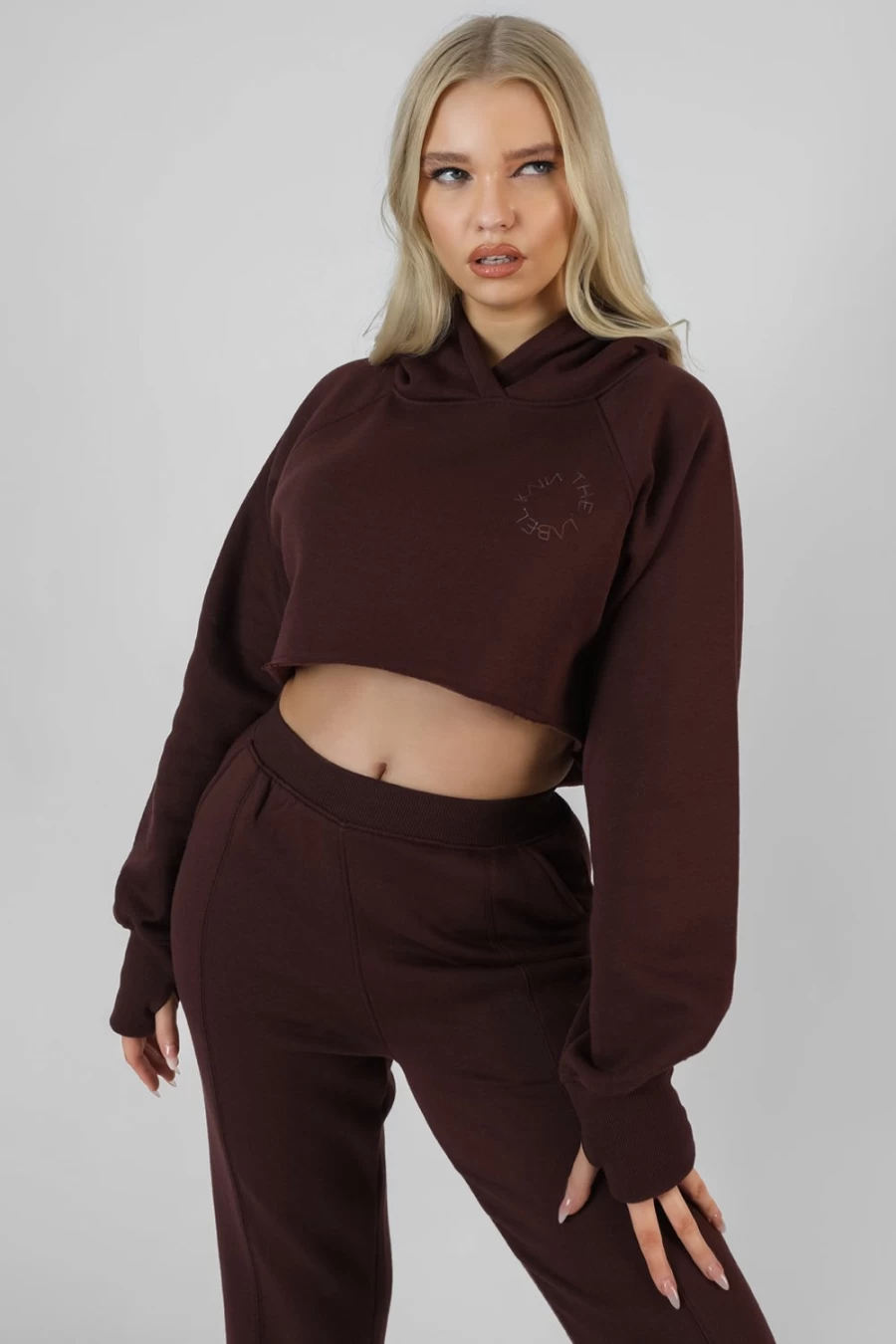 Women's Brown Embroidered Cropped Hoodie by Public Desire