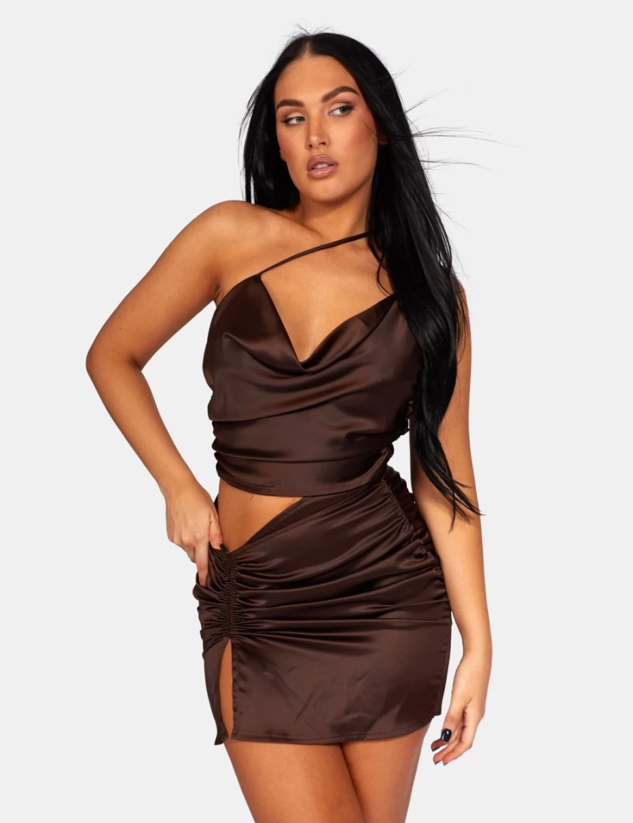 Public Desire Women's Chocolate Ruched Side Strappy Waist Satin Dress