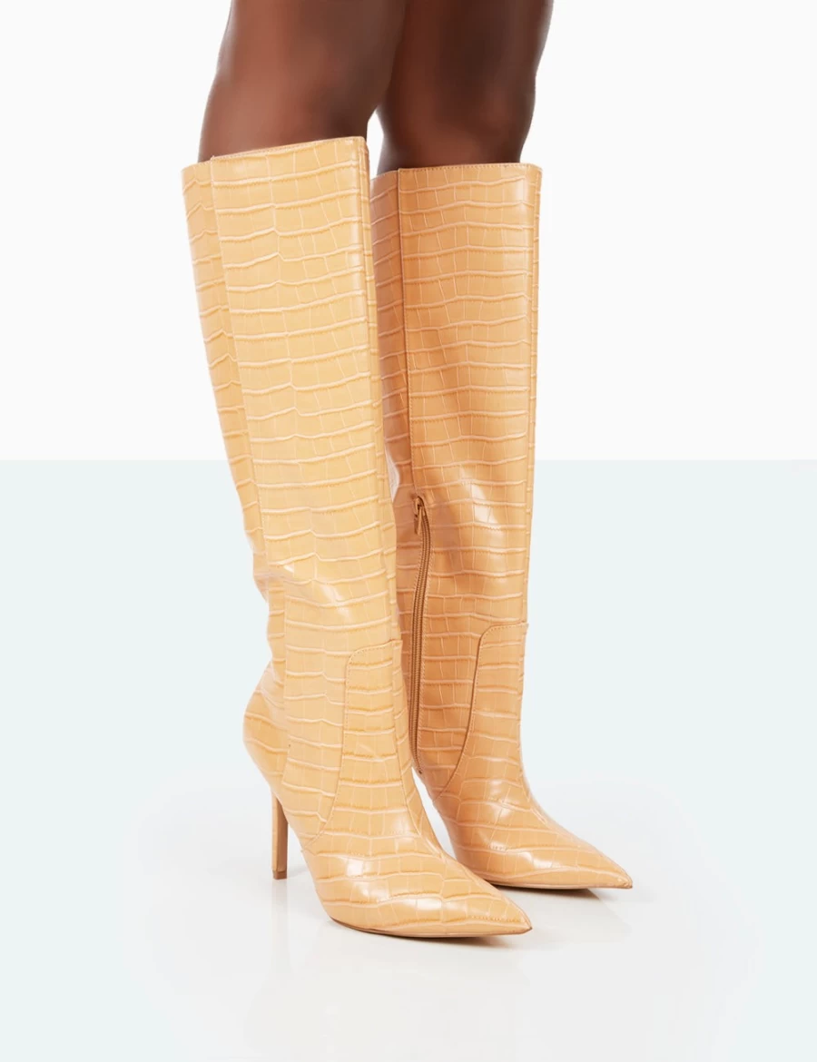 Public Desire Women's Caramel Croc Embossed Pointed Toe Stiletto Knee High Boots
