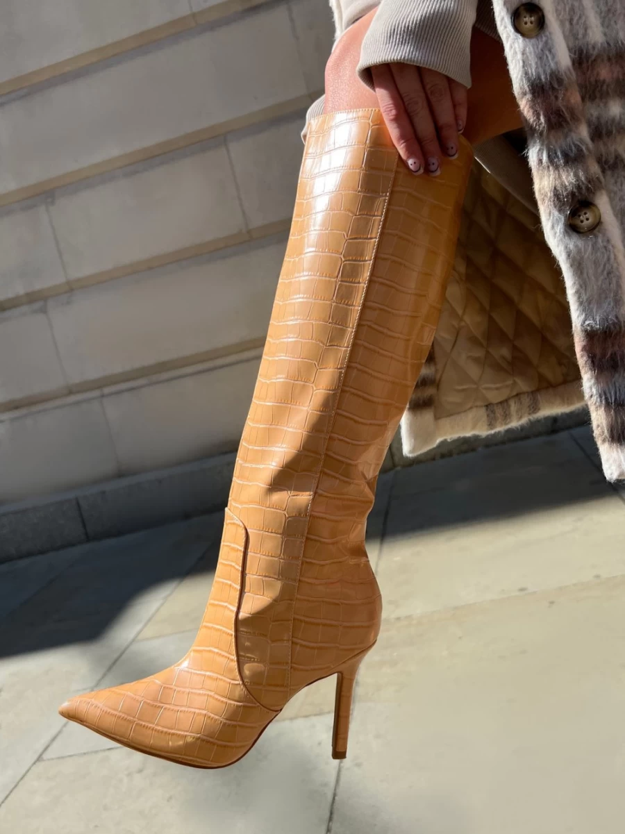 Public Desire Women's Caramel Croc Embossed Pointed Toe Stiletto Knee High Boots