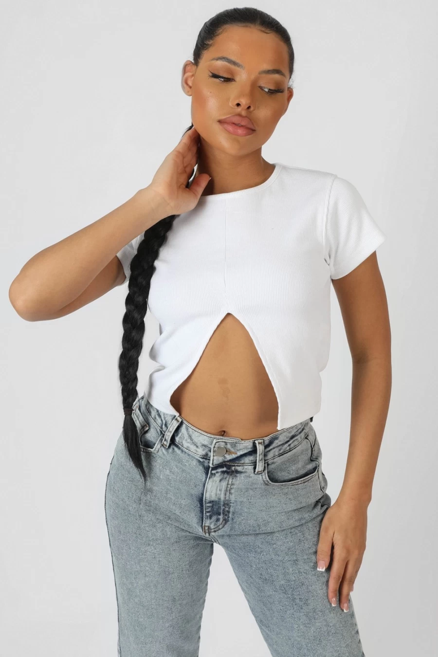 Women's White Split Front Ribbed T-Shirt by Public Desire