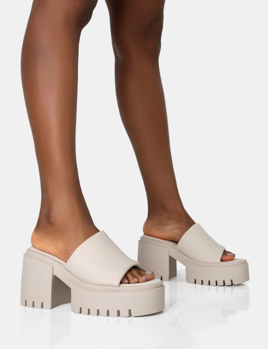 Public Desire Women's Ecru Chunky Mule Sandals with Round Toe and Mid Heel
