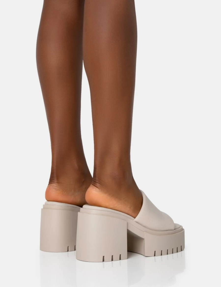 Public Desire Women's Ecru Chunky Mule Sandals with Round Toe and Mid Heel