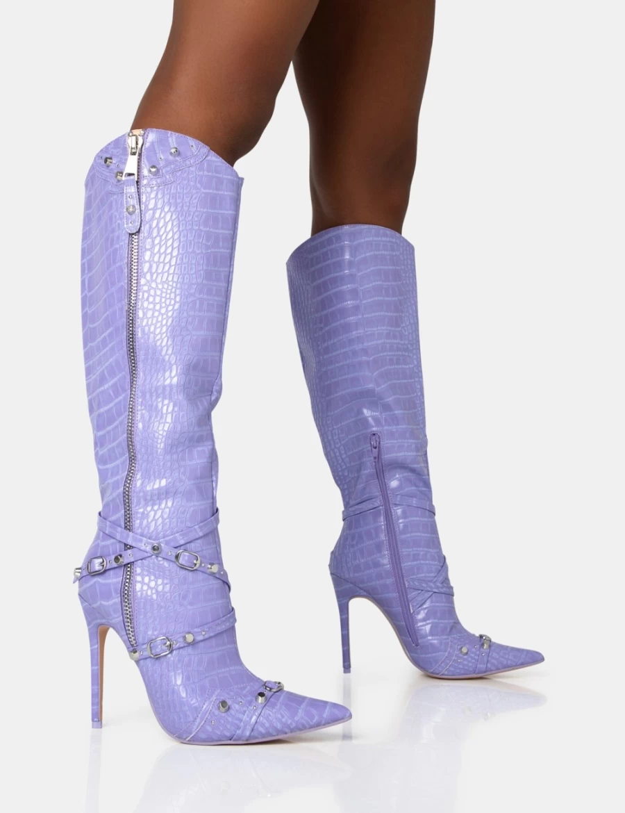 Public Desire Women's Lilac Croc Studded Knee High Boots with Zip Detail & Pointed Toe Stiletto Heel