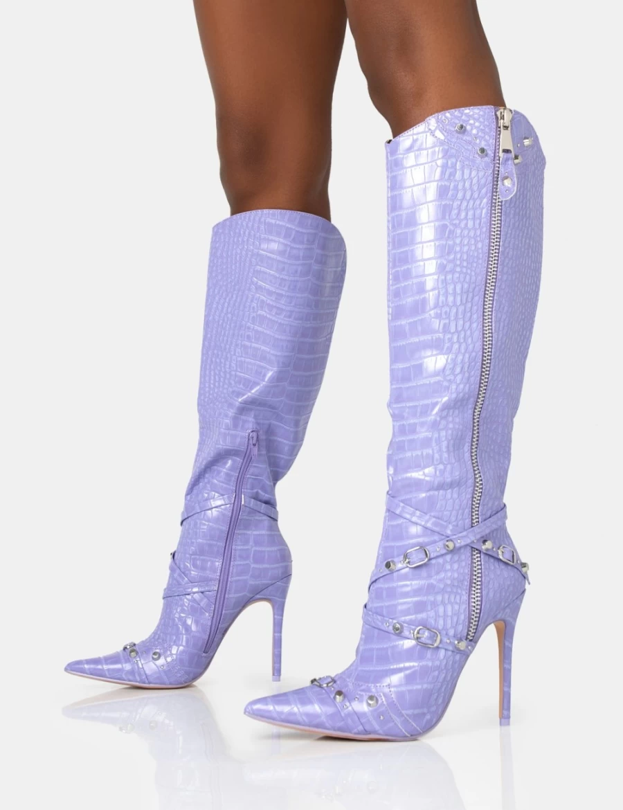 Public Desire Women's Lilac Croc Studded Knee High Boots with Zip Detail & Pointed Toe Stiletto Heel