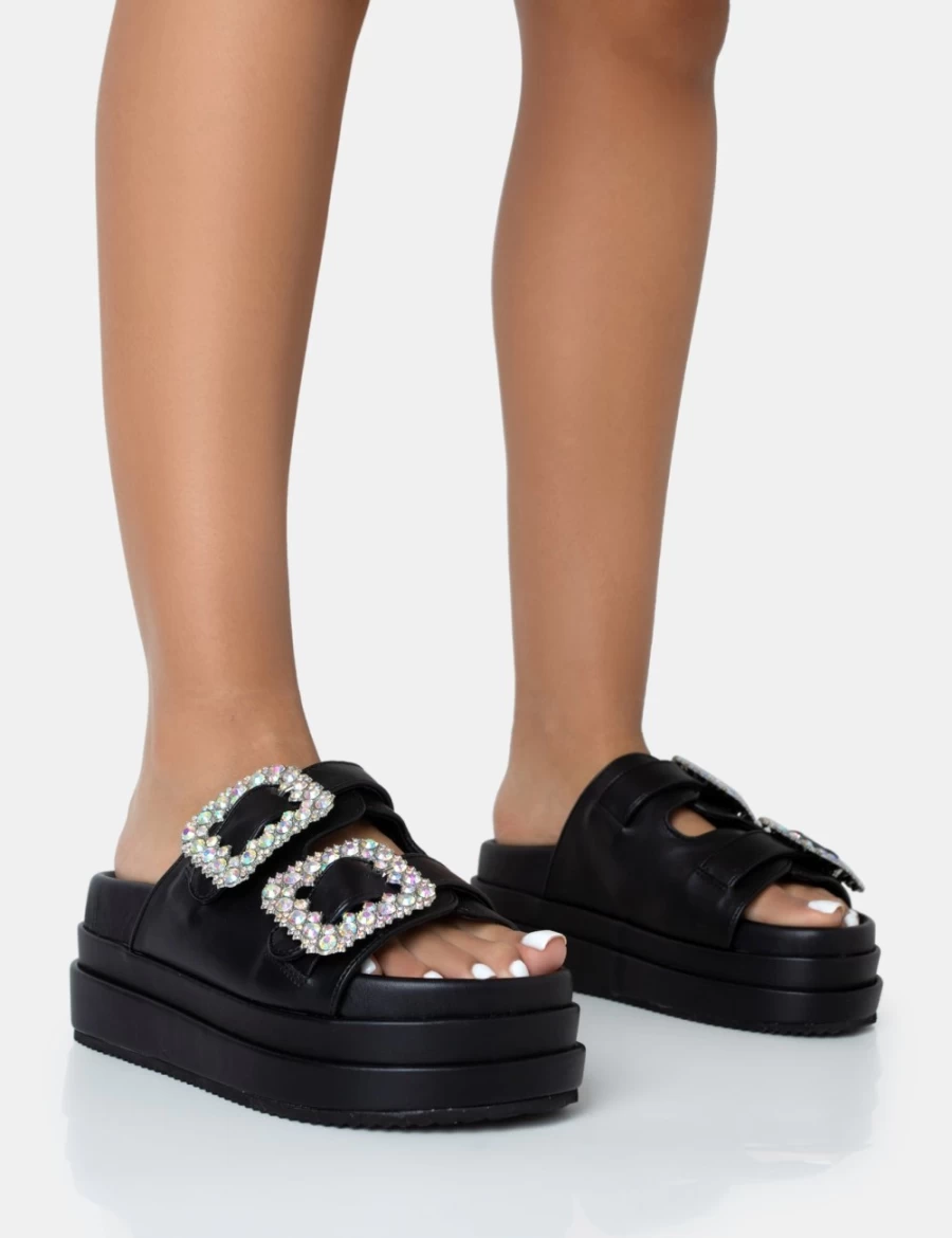Public Desire Women's Black Lozzy Pu Diamante Buckle Double Strap Platform Slide Sandals