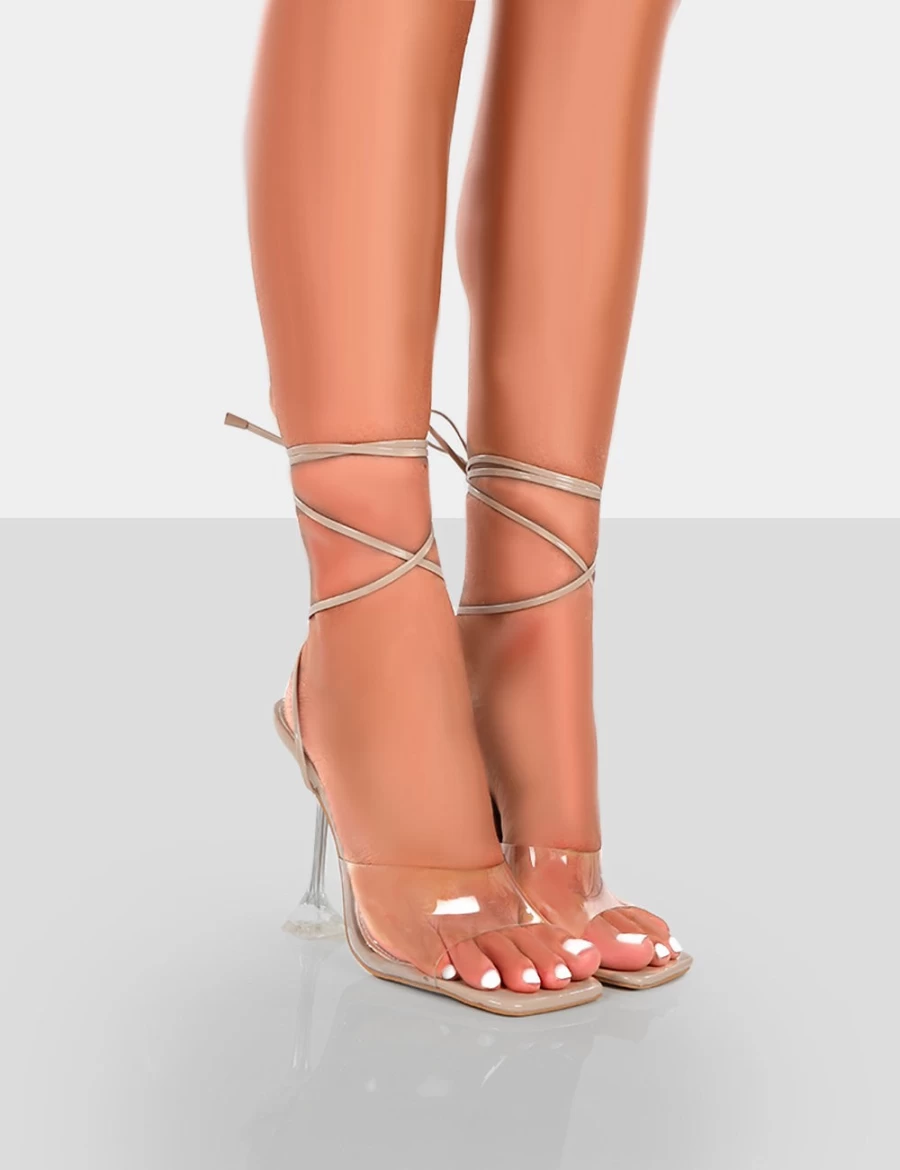 Public Desire Bly Patent Clear Perspex Heels for Women - Nude Lace-Up Square Toe Platform Shoes