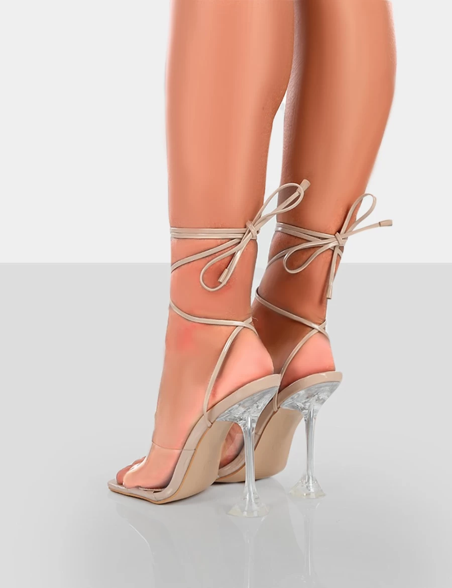 Public Desire Bly Patent Clear Perspex Heels for Women - Nude Lace-Up Square Toe Platform Shoes