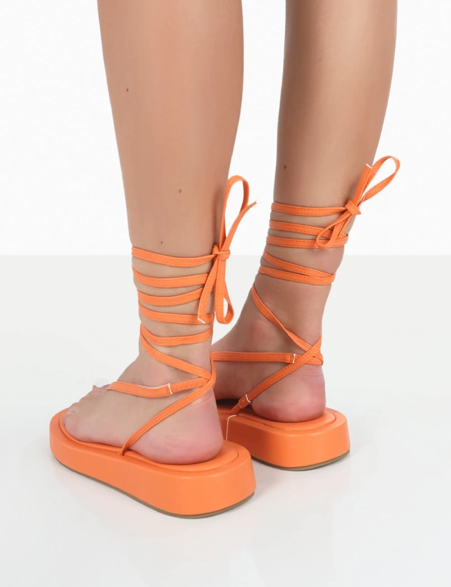 Public Desire Orange Women's Flatform Sandals - Lace Up Toe Thong Beach Shoes