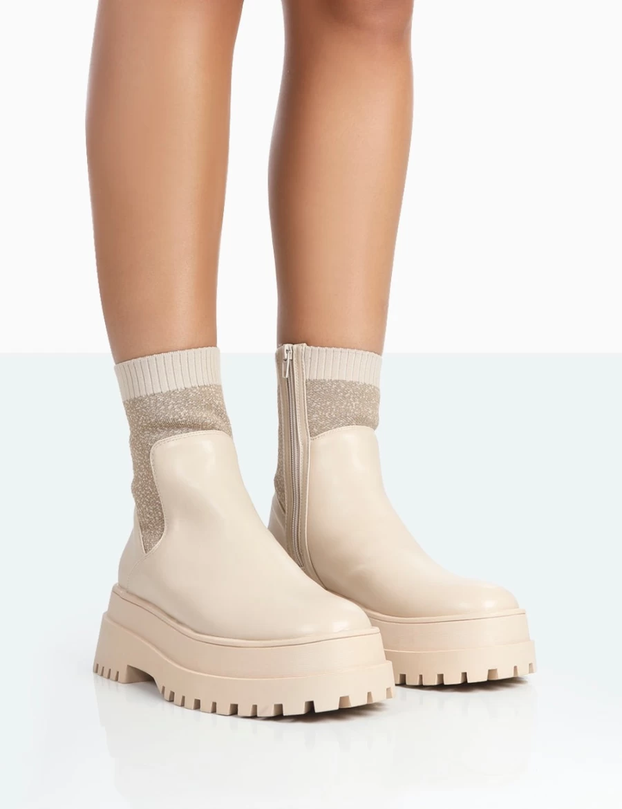 Public Desire Women's Nude Paloma Boucle Knit Chunky Sole Ankle Boots Platform Sock Boots