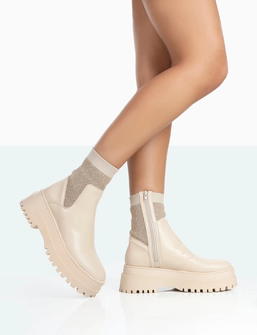 Public Desire Women's Nude Paloma Boucle Knit Chunky Sole Ankle Boots Platform Sock Boots