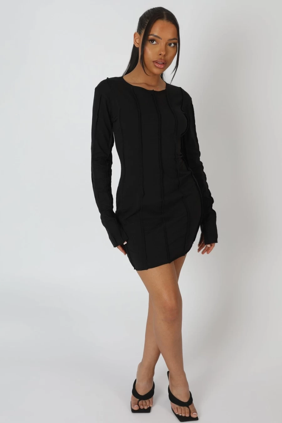 Public Desire Black Seam Detail Long Sleeve Mini Dress for Women