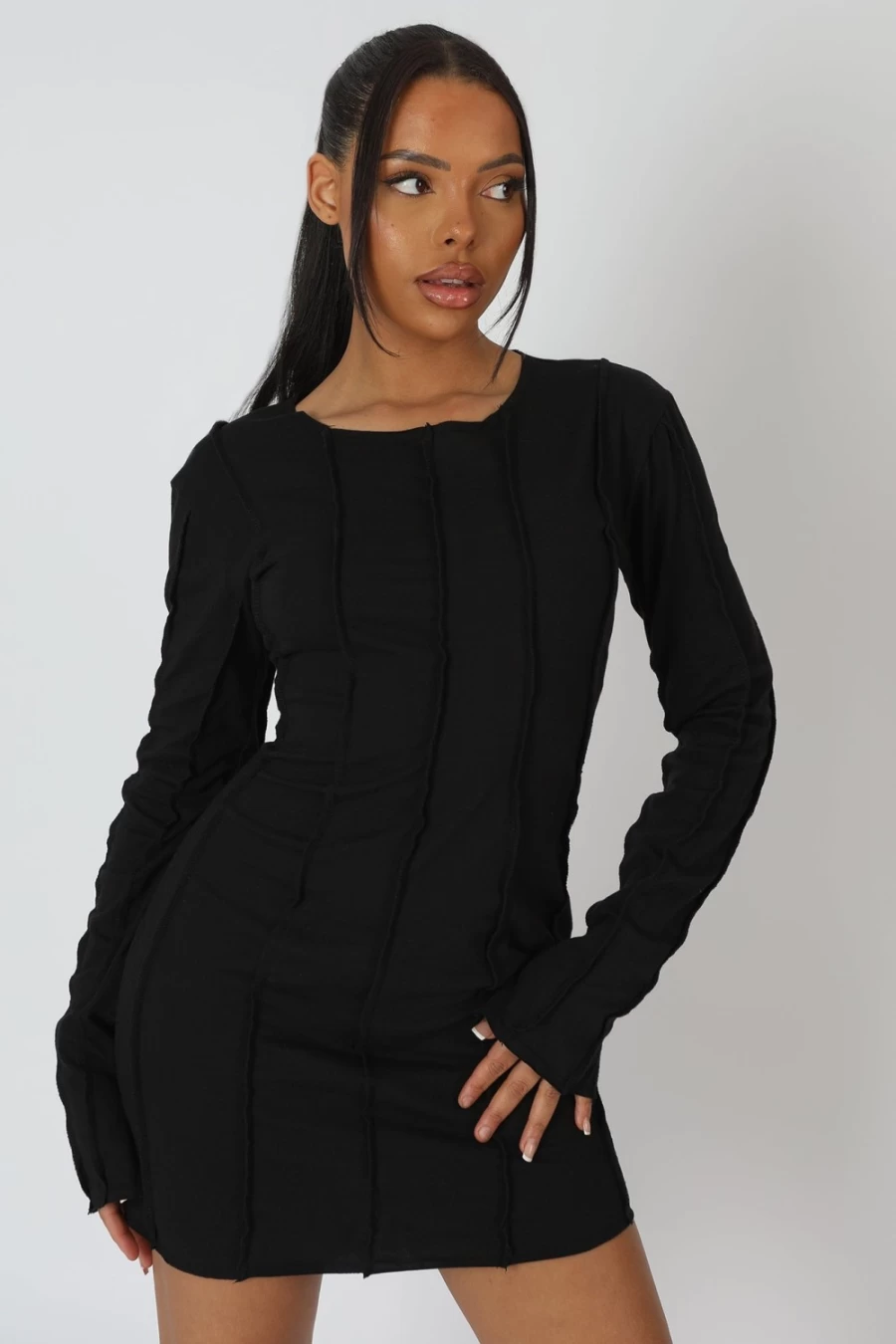 Public Desire Black Seam Detail Long Sleeve Mini Dress for Women