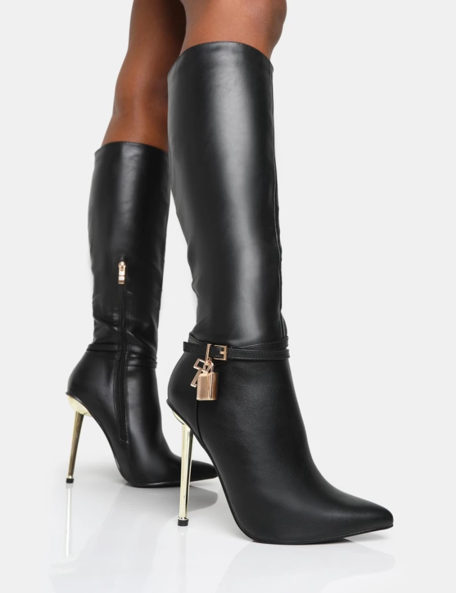 Public Desire Women's Black Jayden Knee High Boots with Pu Padlock Detail & Gold Stiletto Heel