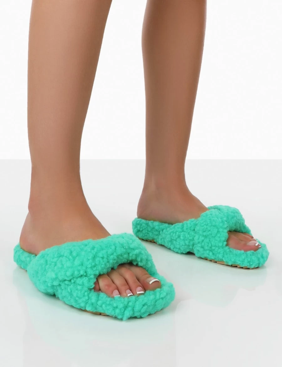 Public Desire Women's Green Slumber Teddy Cross Strap Slippers - Cozy Plush Slide-Ons