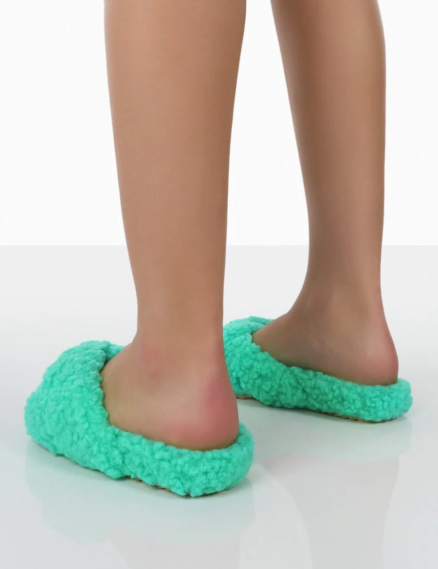 Public Desire Women's Green Slumber Teddy Cross Strap Slippers - Cozy Plush Slide-Ons