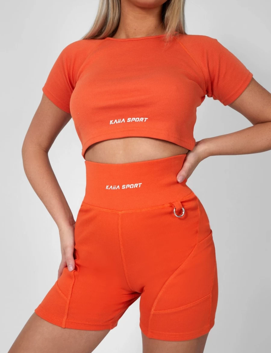 Public Desire Women's Orange Ribbed Cropped Kaiia Sport T-Shirt Sunset