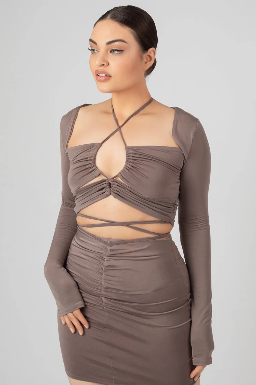 Public Desire Women's Grey Loop Ruching Slinky Long Sleeve Top