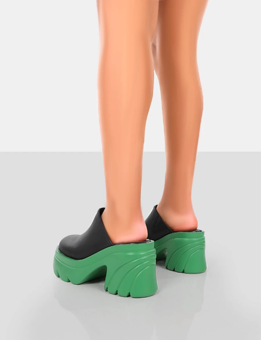 Public Desire Women's Green Sandi Pu Chunky Block Heel Mules Shoes