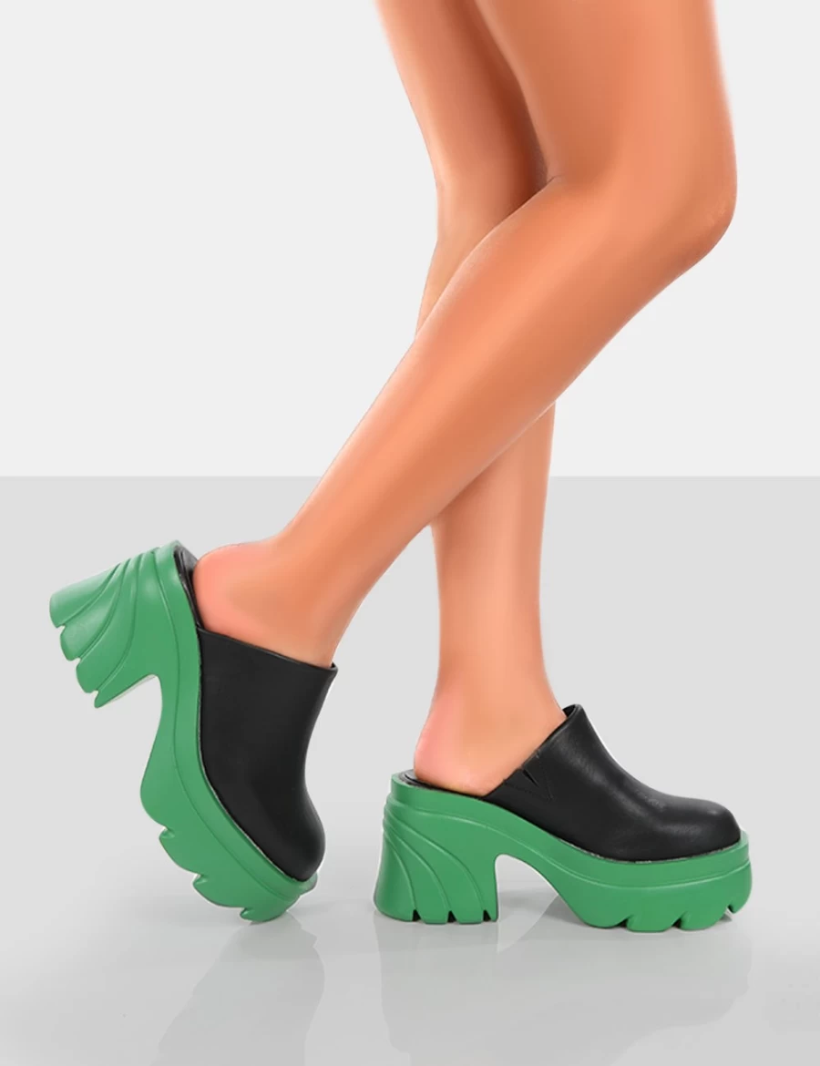 Public Desire Women's Green Sandi Pu Chunky Block Heel Mules Shoes