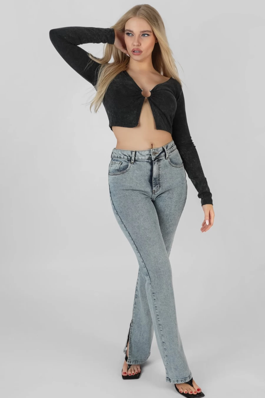 "Public Desire Women's Black Long Sleeve Bullring Detail Crop Top"