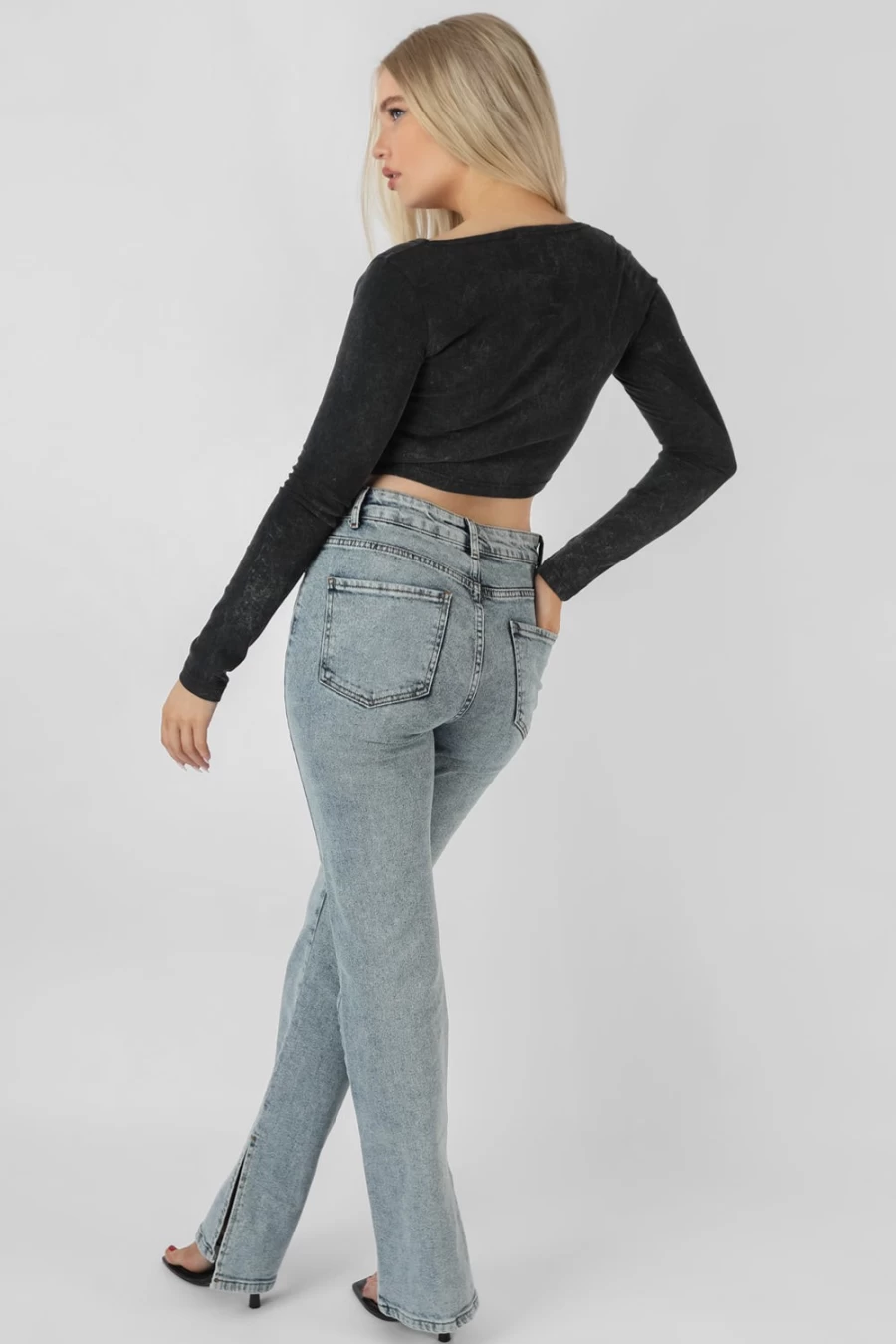 "Public Desire Women's Black Long Sleeve Bullring Detail Crop Top"
