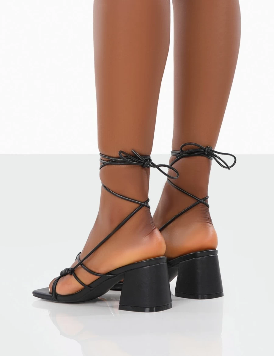Public Desire Women's Black Pu Square Toe Lace Up Mid Heel Sandals Block Heel