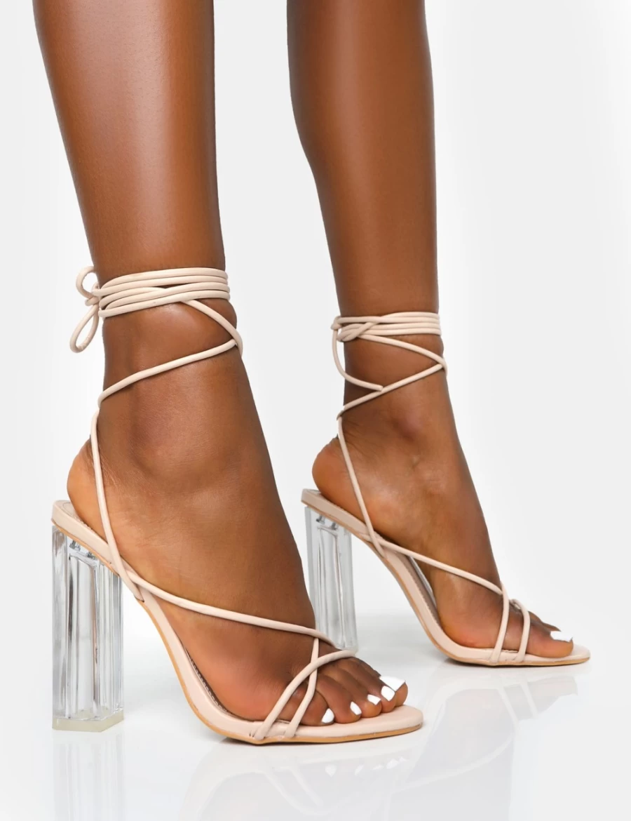 Public Desire Clara Pu Strappy Lace Up Clear Perspex Heels for Women in Nude