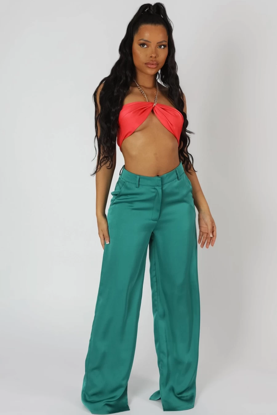 Public Desire Women's Coral Satin Halterneck Chain Detail Top