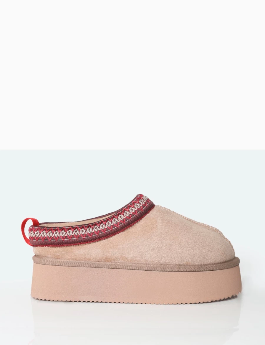 Public Desire Women's Vixon Beige Embroidered Faux Suede Platform Boots Slippers
