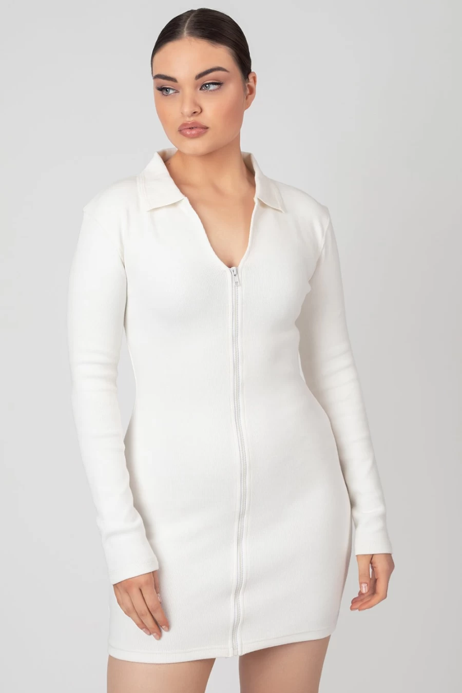 Public Desire Women's Ecru Zip Through Collared Mini Dress